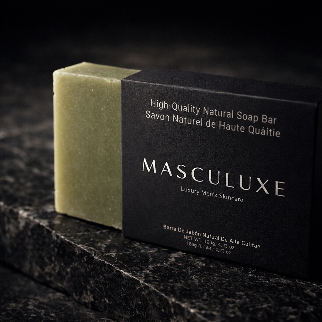 MASCULUXE soap bar and packaging on a dark surface