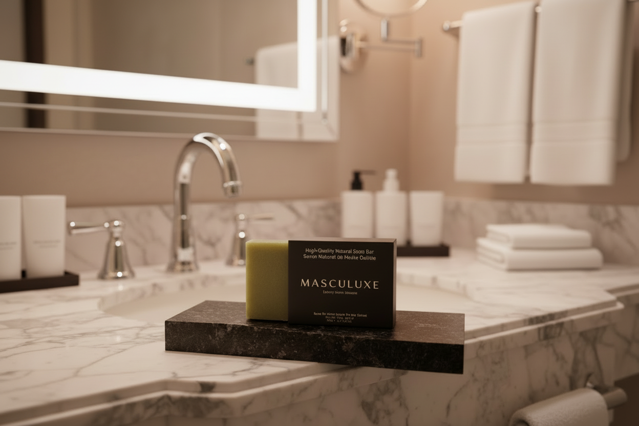MASCULUXE soap bar on a marble countertop with bathroom setting