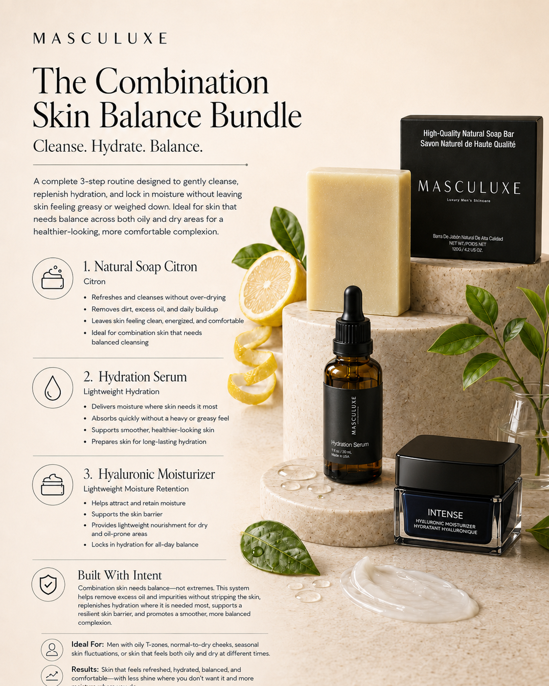 Masculuxe skincare bundle featuring a black jar of Intense Deep Moisturizer, a brown dropper bottle of Hydration Serum, and a bar of Natural Soap Citron, styled with lemon slices, a glass dish, and green leaves on a beige background with product details.