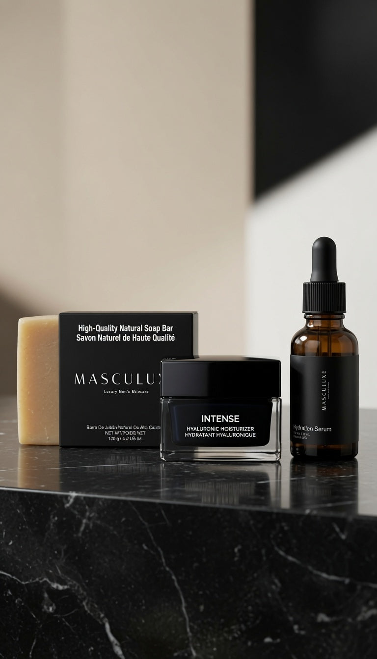 Skincare products including a soap bar, cream, and serum on a black marble surface.