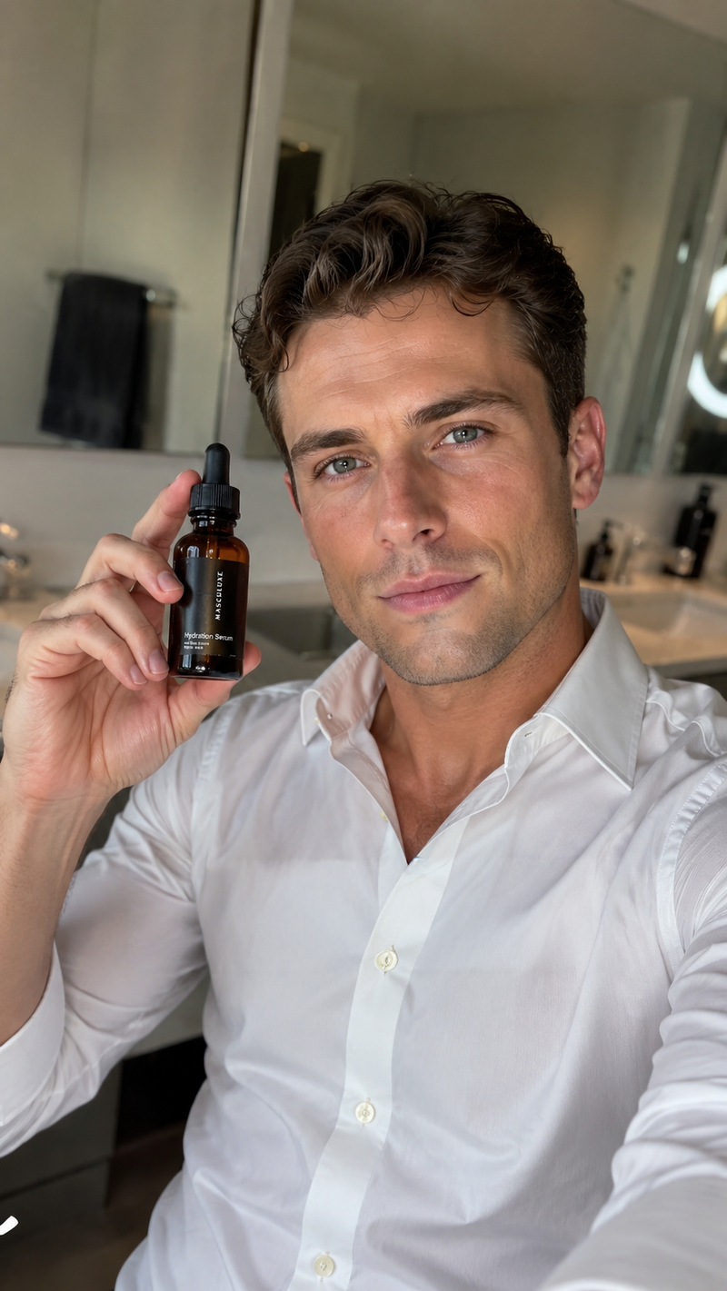 Man holding a Masculuxe Hydration Serum dropper bottle in a bathroom setting