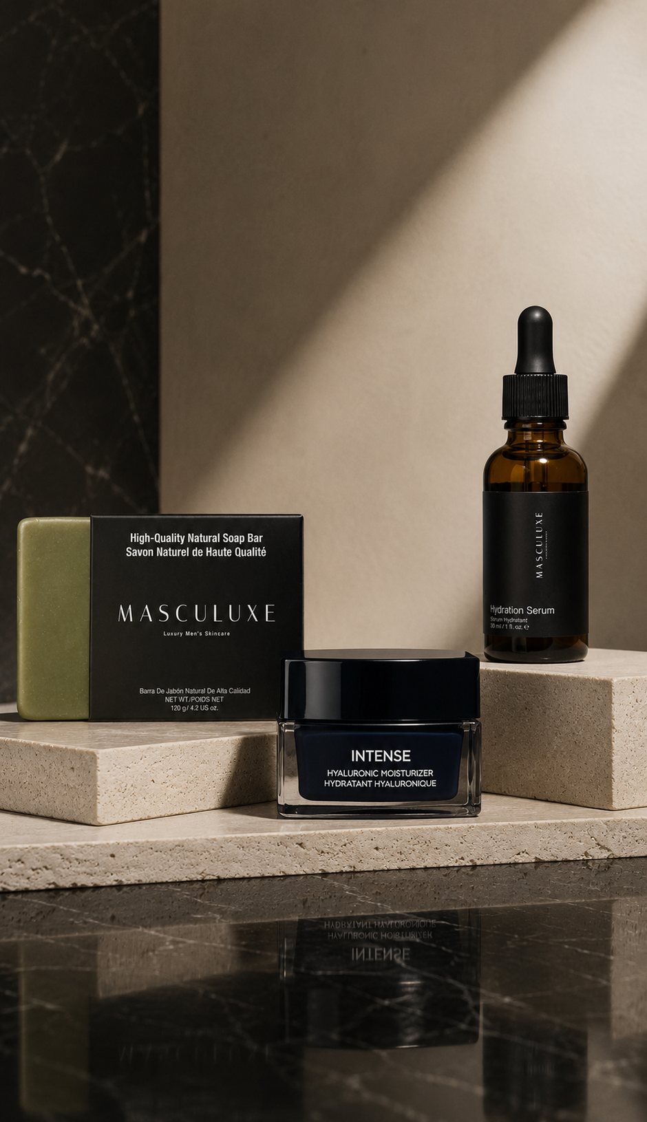 Collection of Masculuxe skincare products including a bar of soap, cream, and dropper bottle on a dark surface.