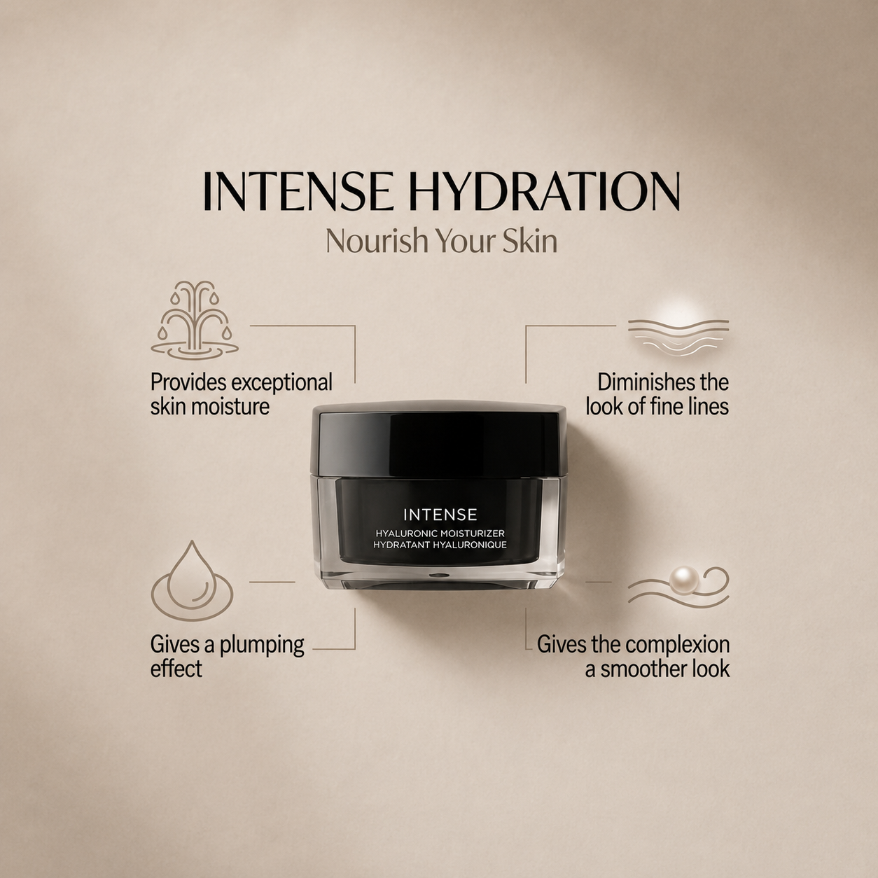 Masculuxe Hyaluronic acid moisturizer product with text highlighting intense hydration benefits on a beige background
