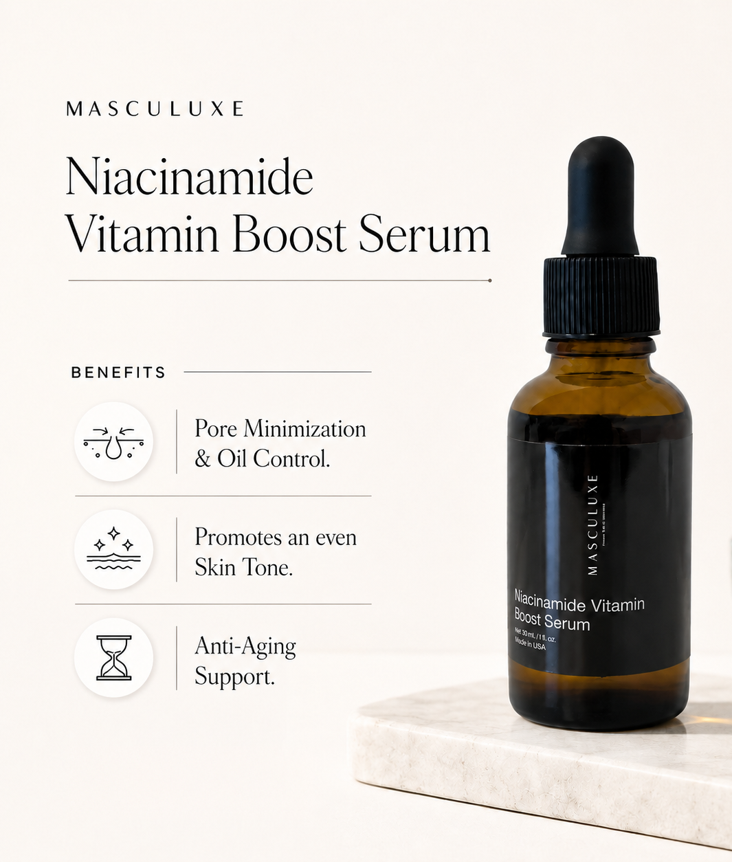 Masculuxe Niacinamide Vitamin Boost Serum bottle with benefits listed on a white background