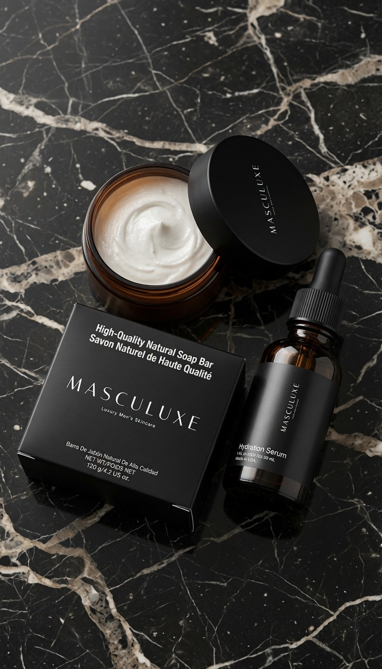 Mens skincare products including a jar, soap bar, and serum on a marble surface with 'MASULUXE' branding.