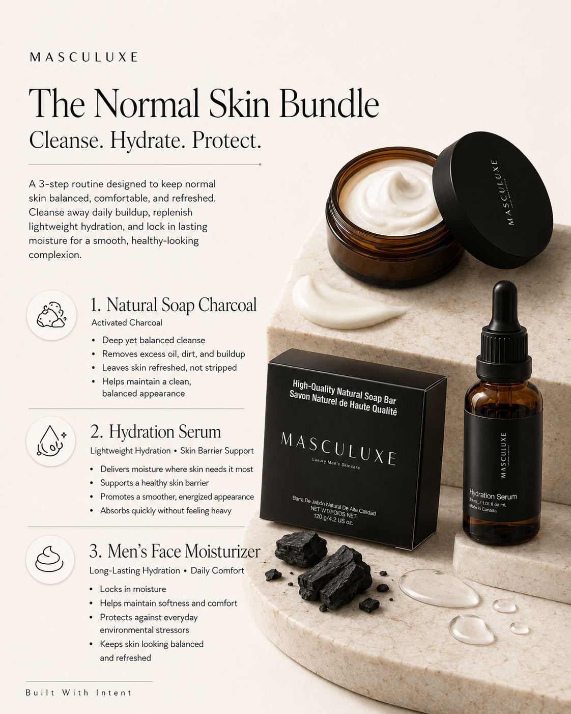 Masculuxe men's normal skincare bundle featuring a black box, two amber dropper bottles, and a jar with its lid off, arranged on a beige surface with text callouts for natural soap charcoal, hydration serum, and face moisturizer.