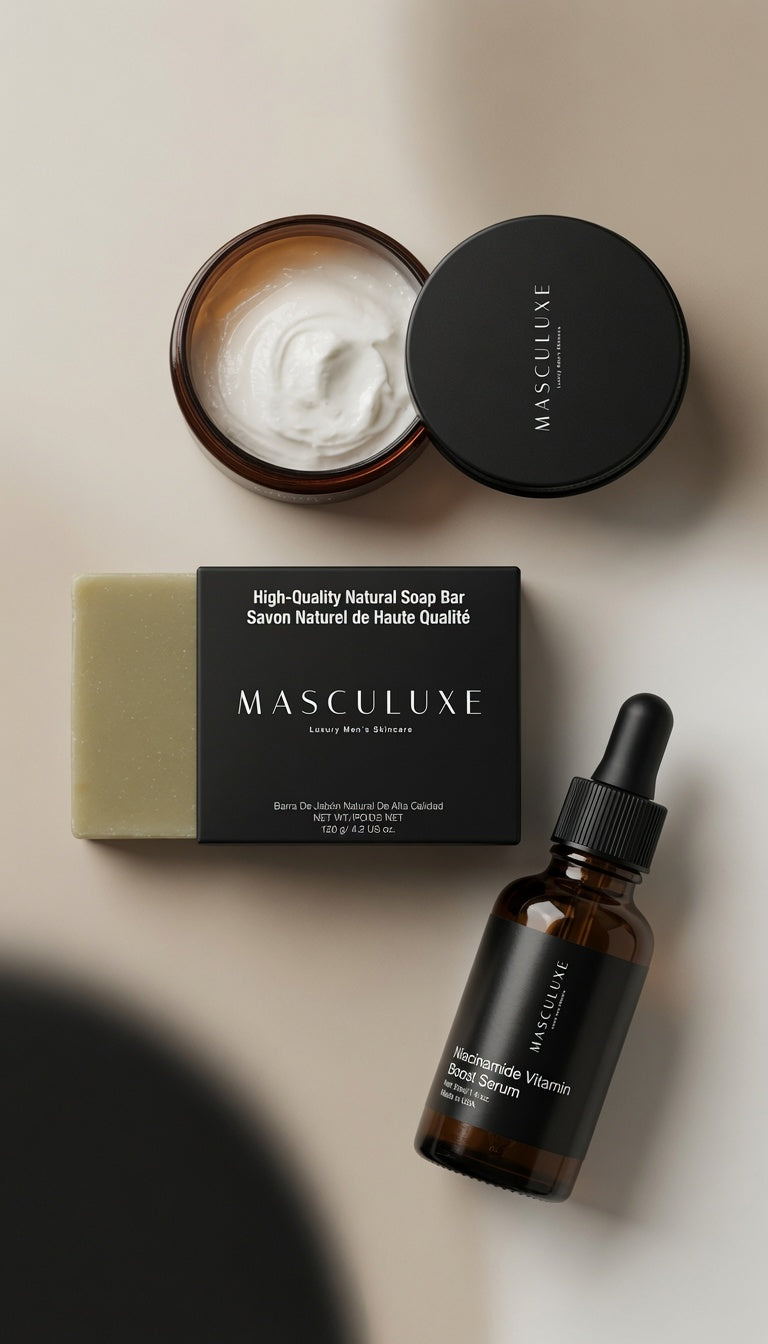 Masculuxe skincare products including a jar, soap bar, and dropper bottle on a neutral background
