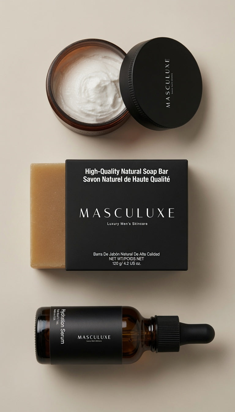 Mens skincare products including a soap bar, jar of cream, and bottle on a beige background